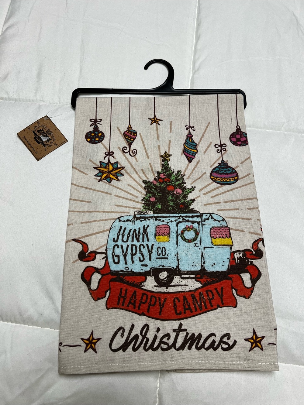 Junk Gypsy Co. Happy Campy Christmas Throw - Beige with Red & Light Blue Accents
